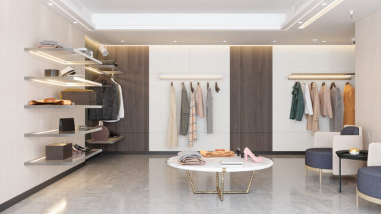 Luxury Clothing Store With Clothes, Shoes And Other Personal Accessories.